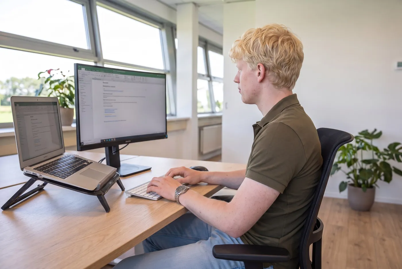 Stef werkt geconcentreerd achter laptop en scherm